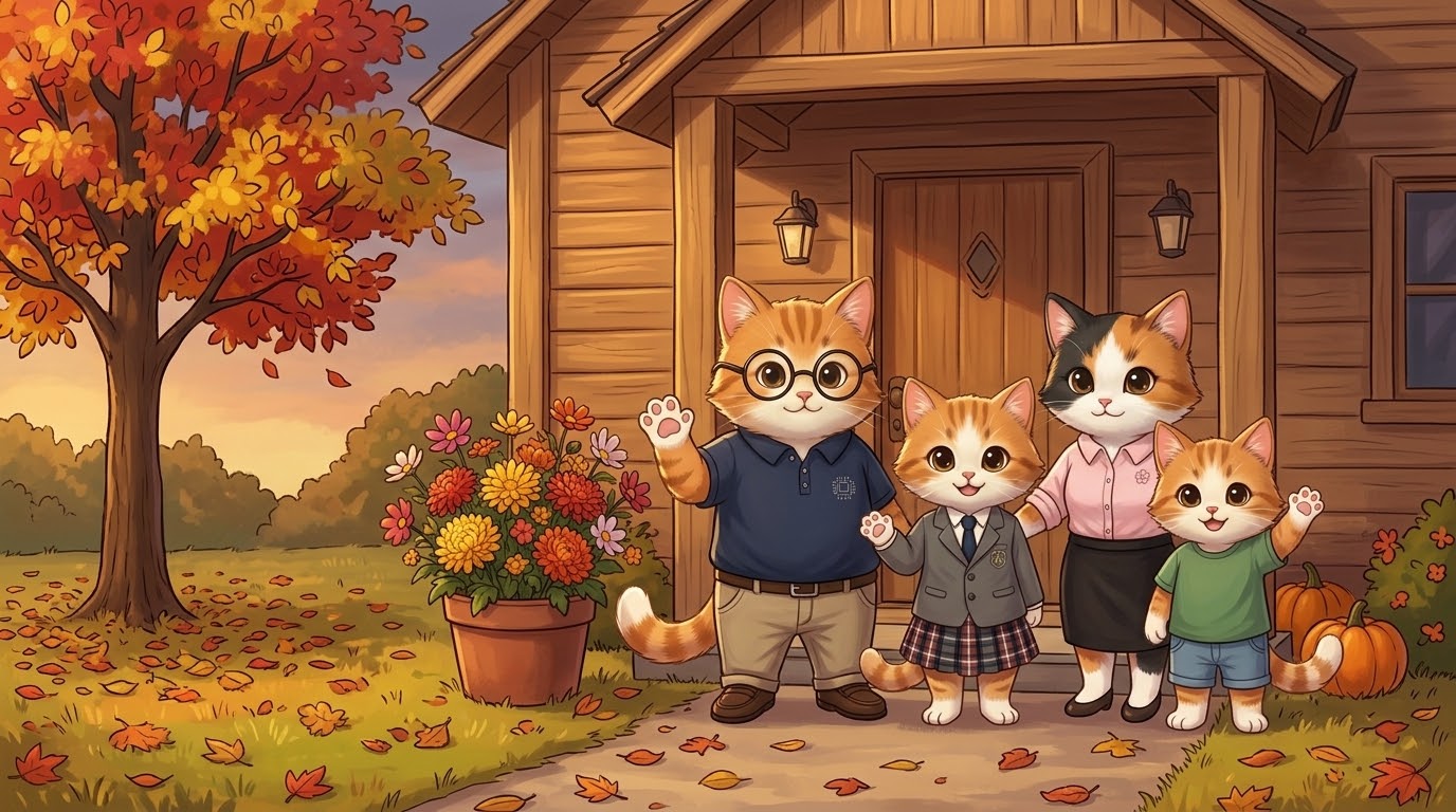 紅葉の玄関で手を振って出迎える、お父さん猫とこねこ君一家