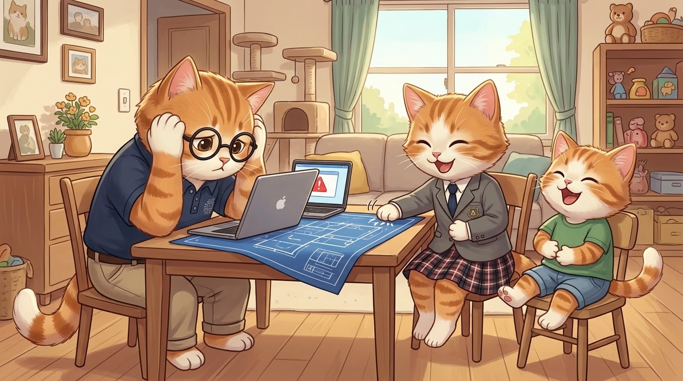 パソコンの前でうなだれるお父さん猫と、笑う子どもたち