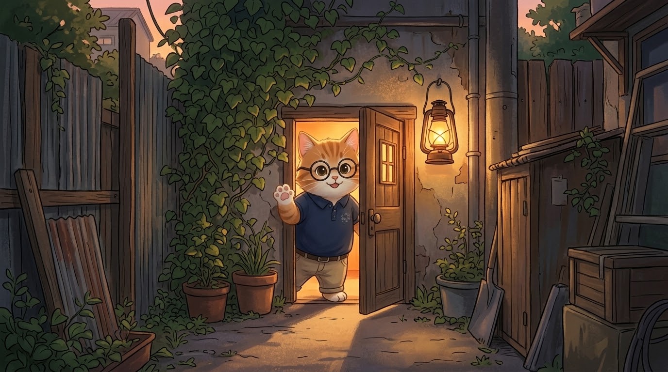 路地裏の扉から手招きするお父さん猫
